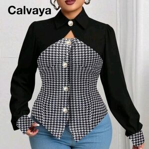 SHEIN Black and White Houndstooth Blouse